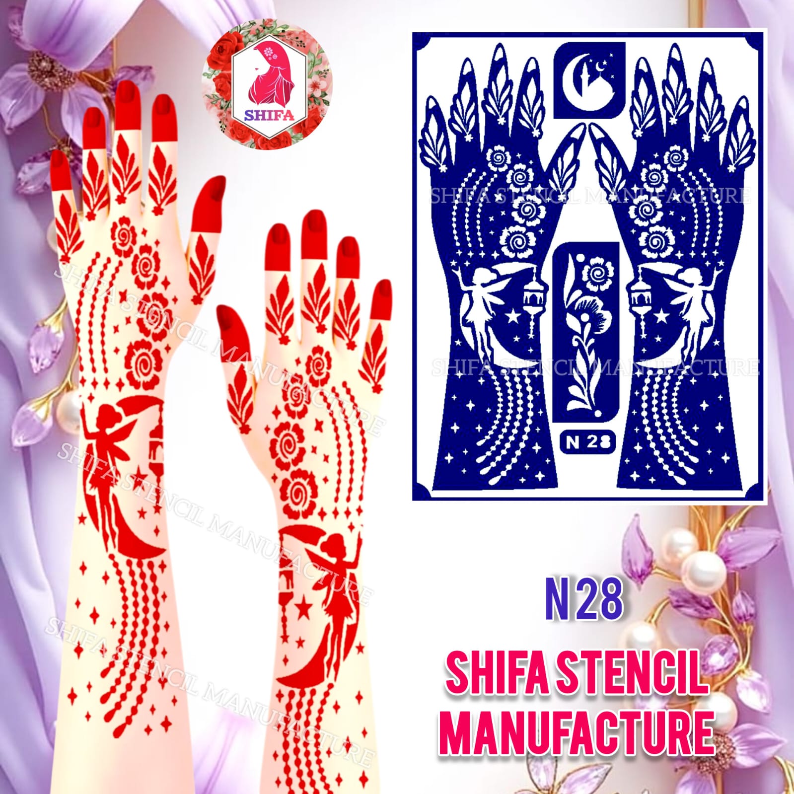 N 28 Lunar Fairy Drift Sticker Overview Henna Stencil - Shifa Stencil